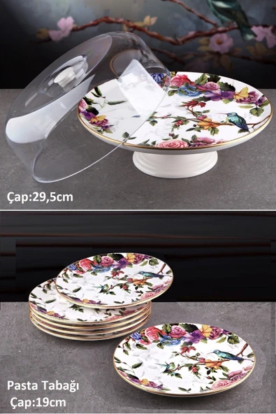 Pinkev Flora 7 Parça Fanuslu Pasta Kek Sunum Standı Tabağı Takımı Seti - Kup120f ürün görseli