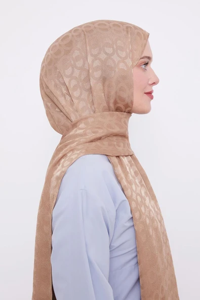 Sütlü Kahve Halka Desen Jakarlı Janjan şal - Resim 3