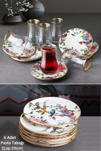 Pinkev Flora 18 Parça Çay Bardaklı Seramik Pasta Tabağı Seti - Kup119f ürün görseli