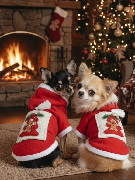 Yılbaşı Ağac Premiumı Kırmızı Polar Köpek Kıyafeti  | Kapüşonlu Noel Köpek Sweatshirt | Küçük Irklar İçin ürün görseli