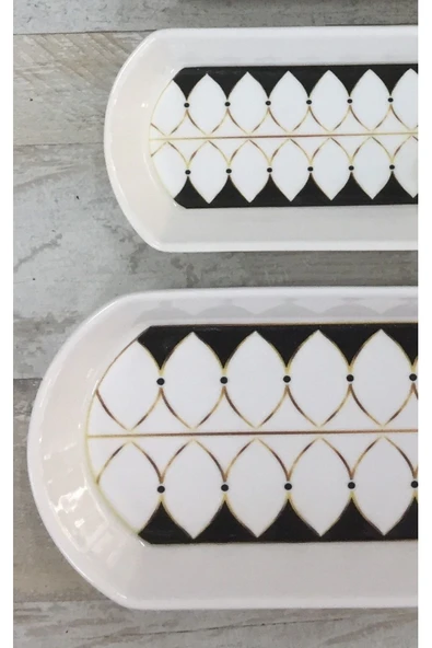 Pinkev Black Drops 4 Parça Seramik Oval Kahvaltılık Peynirlik Kayık Servis Sunum Tabağı Kase Seti - Resim 3