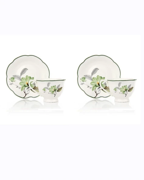 Türk Kahvesi Takımı 2 Kişilik Porselen – Yeşil Çiçek Desenli | 90 ml - Resim 3