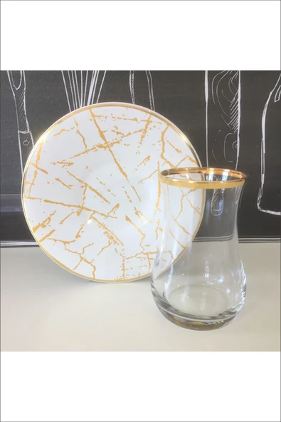 Pinkev 6 Kişilik Seramik Tabaklı Çay Bardağı Seti ürün görseli