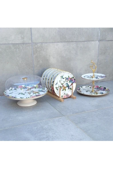 Pinkev 8 Parça Kuş Desenli Seramik Pasta Sunum Tabağı Seti ürün görseli