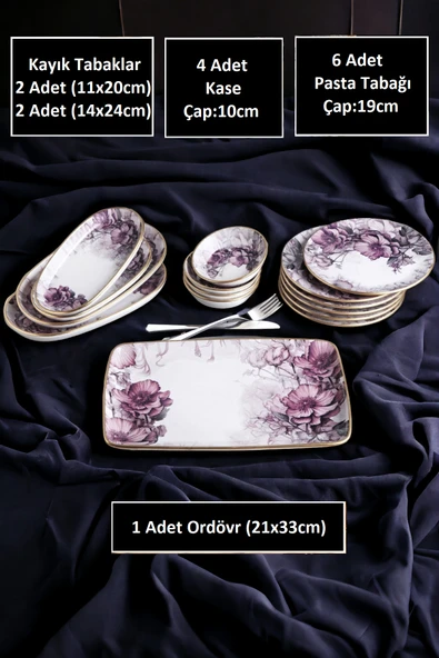 Pinkev 27 Parça Çay Bardaklı Seramik Kahvaltılık Kahvaltı Tabağı Takımı Seti - Resim 2