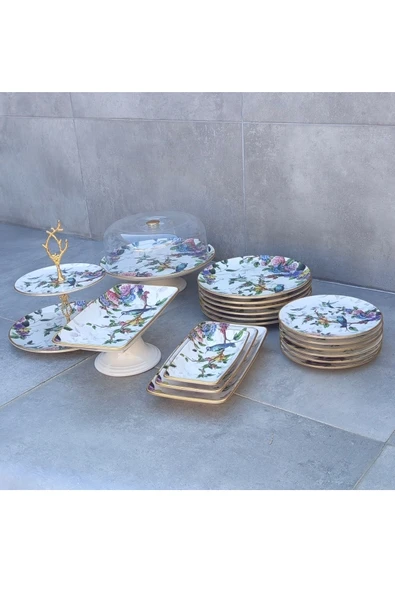 Pinkev 19 Parça 6 Kişilik Kuş Desenli Seramik Pasta Servis Sunum Tabağı Seti - Resim 2