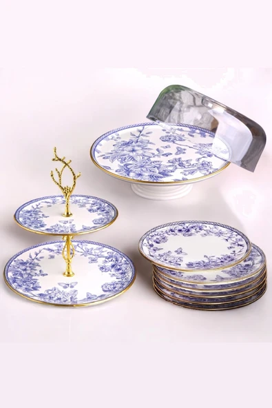 Pinkev Butterfly 8 Parça 6 Kişilik Seramik Fanuslu Pasta Sunum Tabağı Seti - Kup125s ürün görseli
