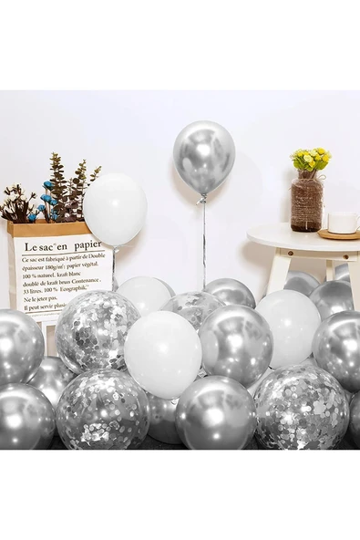 Kampus Kırtasiyem 30 Adet "METALİK GRİ - BEYAZ" Balon Kombini İç Mekan Doğum Günü Partisi "KENDİ KONSEPTİNİZİ SEÇİN" - Resim 4