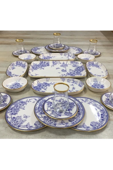 Pinkev 27 Parça 6 Kişilik Mavi Gold Çay Bardaklı Seramik Kahvaltı Pasta Tabağı Sunum Takımı Seti - Resim 2
