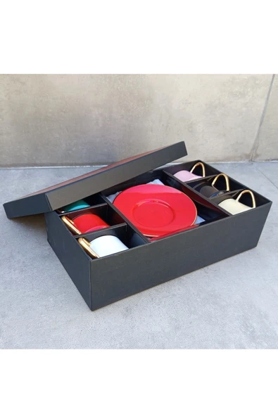 Pinkev 6 Kişilik Parlak 6 Renkli 110ml Büyük Boy Porselen Kahve Fincanı Takımı - Resim 6