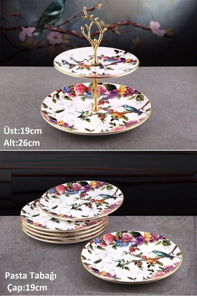 Pinkev Flora 7 Parça Seramik Pasta Tabağı Katlı Kurabiyelik Sunum Takımı Seti - Kup121f ürün görseli