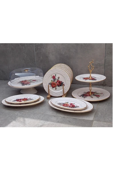 Pinkev 14 Parça Seramik Pasta Sunum Tabağı Seti - Resim 2