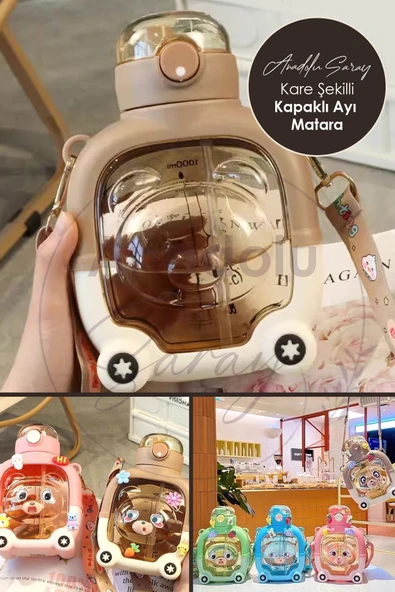 Anadolu Saray Çarşısı Kapaklı Kare Ayıcık Model Su Matarası Su Şişesi Suluk | Bpa Içermez Suluk Sticker Hediye ürün görseli