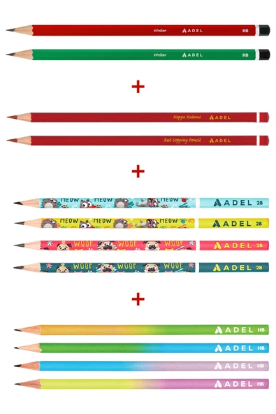 Adel Karışık Kurşun Kalem 12’li Set,Kırmızı Kalem,Mercanlı Kurşun Kalem,Pastel ve Hayvan Desenli Kalemler ürün görseli 1