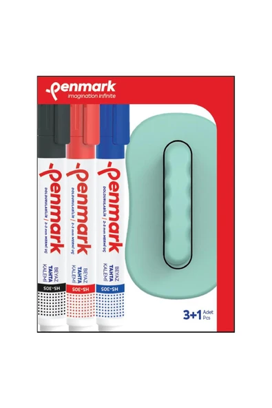 Penmark Turkey HS-305 TK03S Yuvarlak Uçlu Beyaz Tahta Kalemi 3 Adet + Silgi - Karışık Renk - Resim 2