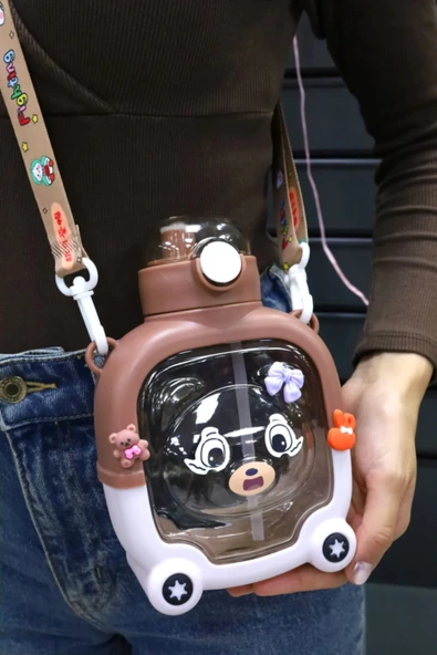 Kampus Kırtasiyem Sevimli Ayıcıklı Matara, Renkli Çocuk Suluk, Okul İçin Boyun Askılı Suluk BPA İçermez. - Resim 2