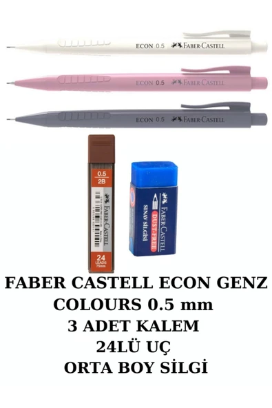 Faber Castell ECON 0.5 mm GENZ COLOURS 3 RENK SET + UÇ + SİLGİ ürün görseli 1