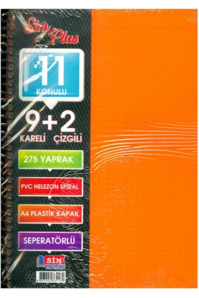 Sim Kırtasiye A4 Büyük Boy 275 Yaprak Spiralli Plastik Kapaklı 9 Kareli 2 Çizgili Defter ürün görseli 1