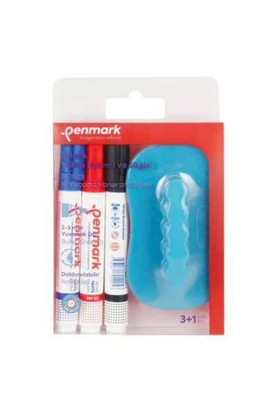 Penmark Turkey HS-305 TK03S Yuvarlak Uçlu Beyaz Tahta Kalemi 3 Adet + Silgi - Karışık Renk ürün görseli 1