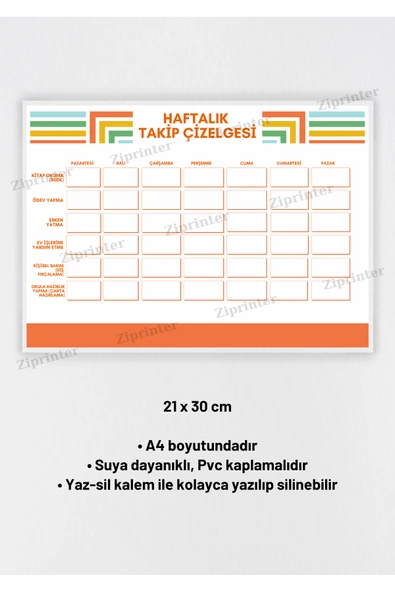 Kampus Kırtasiyem A4 Laminasyonlu Haftalık Takip Çizelgesi - Yaz-Sil Özellikli Kolay Kullanımlı ürün görseli 1