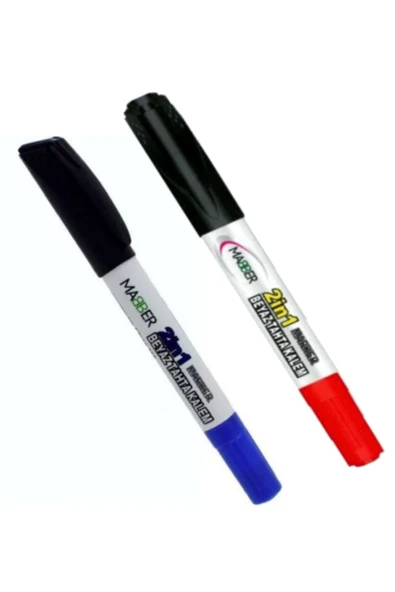 Mabber Kırtasiye Beyaz Tahta Kalemi Çift Uçlu Siyah Mavi Kırmızı 2 Li Set ürün görseli 1