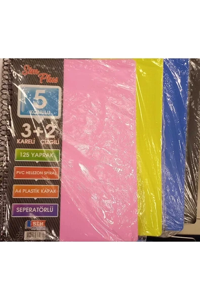 Sim Kırtasiye 3 Kare+2 Çizgi Konulu (bölümlü, Kurs)plastik Kapak Spiralli 125 Yaprak Defter ürün görseli 1