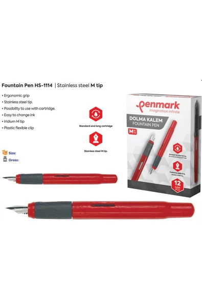 Penmark Turkey Dolmakalem Hs-1114 kırmızı renk Kartuşlu sistem M uç kalınlığı ürün görseli 1