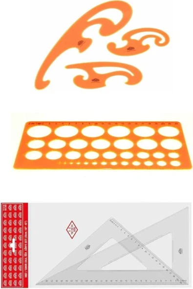 HATAS Çizim Seti 30 cm Gönye Seti 60° - 45° + 3'lü Pistole Takımı + Daire Şablonu ürün görseli 1