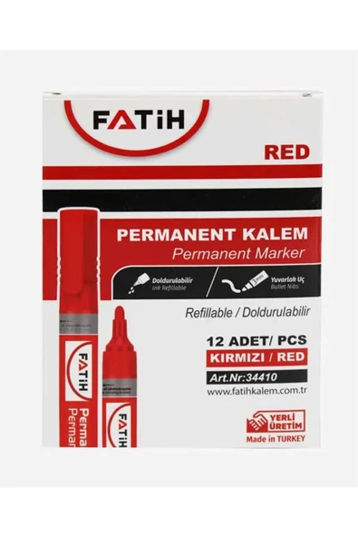 Fatih Kırtasiye Doldurulabilir Markör Permanent Kesik Uç Kırmızı 3440 - 12'li Paket ürün görseli 1