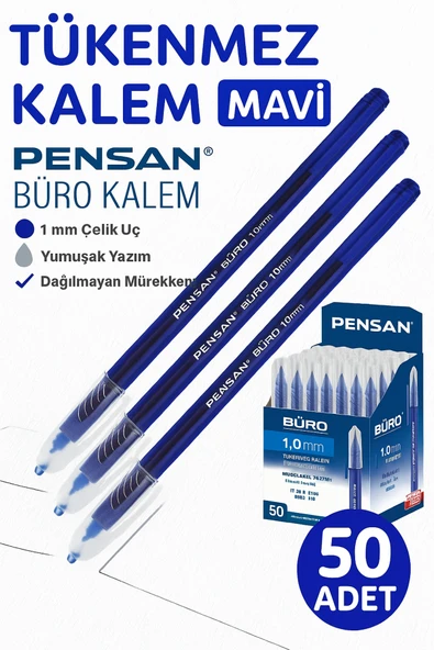 Kampus Kırtasiyem Tükenmez Kalem Mavi 1.0 mm 50'li Ekonomik Paket | Büro Tipi Yazım Kalem Dağılmayan Mürekkep Çelik Uç ürün görseli 1