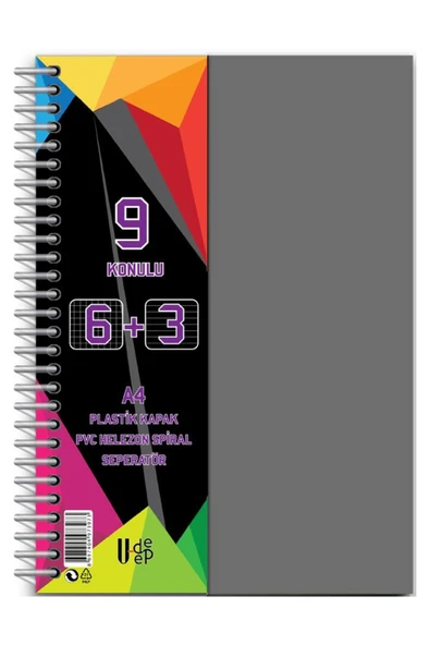 Gülpaş Kırtasiye 6+3 Ayraçlı Defter 9 Konulu 225 Yaprak 1 Adet 6 Kareli 3 Çizgili Spralli Plastik Kapak Seperatörlü ürün görseli 1