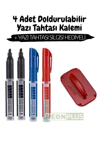 NEON PLUS Kartuşlu Beyaz Tahta Kalemi 4 Lü Set 2 Siyah 1 Kırmızı 1 Mavi Ve Tahta Silgisi ürün görseli 1