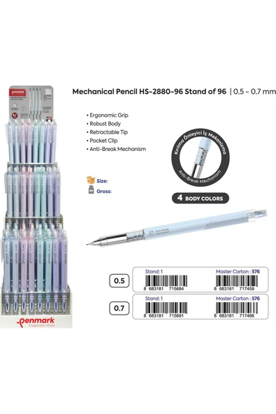 Penmark Turkey HS-2880-96-0.7 VERSATİL KALEM -4 GÖVDE RENK -0.7 GİZLİ UÇ ürün görseli 1
