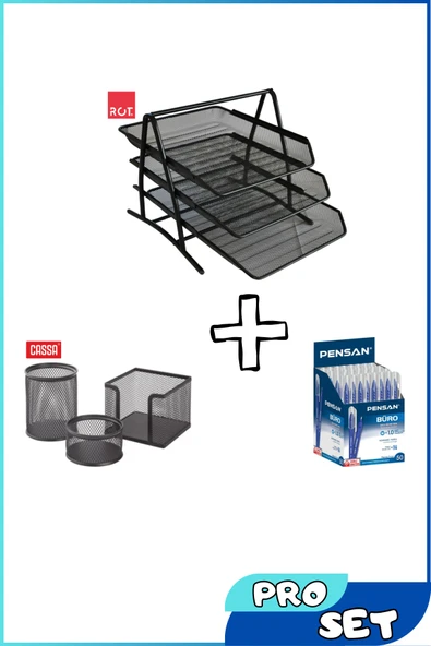 ROT Perfore 3'lü Evrak Rafı + Cassa Tel Masaüstü Set + Pensan Büro Mavi Tükenmez Kalem 50'li Pro Set ürün görseli 1