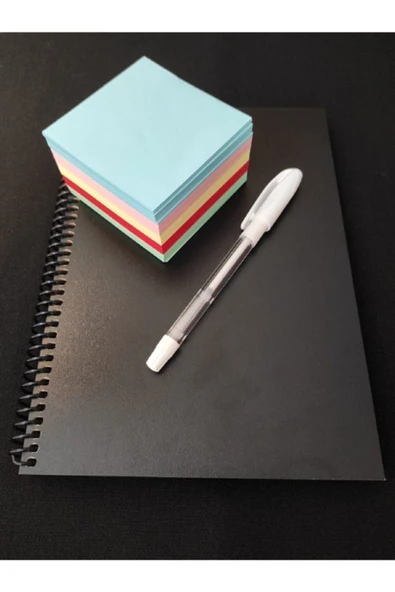 Kampus Kırtasiyem Siyah Yapraklı Defter - Siyah Sayfalı Defter Beyaz Jel Kalem Renkli Küp Blok 8 X 8 Cm - Resim 3