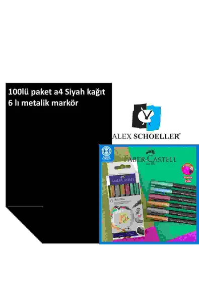 Faber Castell Alex schoeller  Fon Kartonu/Kağıdı A4 No:63 Siyah 100 Lü 160gr 6 lı faber metalik markör seti ürün görseli 1