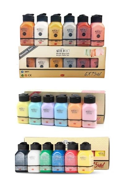 Artdeco lisans kırtasiye Akrilik Boya 6x75 ml Metalik Renkler + 6x75ml Pastel Renkler + 6x75ml Canlı Renkler ürün görseli 1