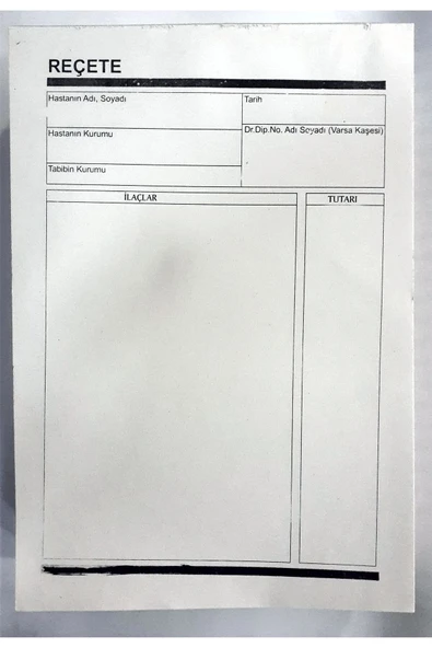 Dilman Reçete Saman Kağıda Üstten Tutkallı Koparılabilir 100 Sayfa A5 Siyah Renk Baskı - Resim 3