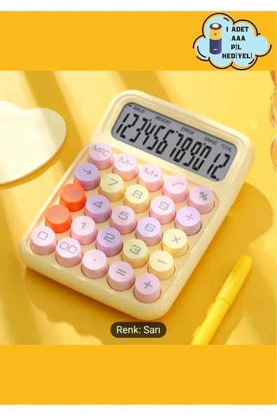 Sitarem Sanal İnternet Mağazacılığı Renkli  12 Hane Mekanik Hesap Makinası Büyük Ekranlı 4 Fonksiyonlu (SARI) ürün görseli 1