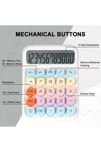 Kampus Kırtasiyem Renkli Çok Şirin 12 Hane Mekanik Hesap Makinası Büyük Ekranlı 4 Fonksiyonlu - Resim 7