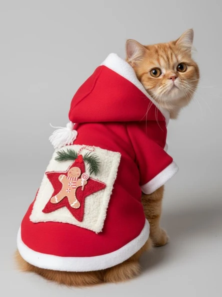 Yıldız Desenli Premium Yılbaşı Kedi Kıyafeti Yıldız Desenli Kırmızı Polar | Kapüşonlu Noel Kedi Kostümü | Kurabiye Temalı - Resim 9