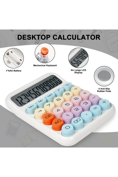Kampus Kırtasiyem Renkli Çok Şirin 12 Hane Mekanik Hesap Makinası Büyük Ekranlı 4 Fonksiyonlu - Resim 5