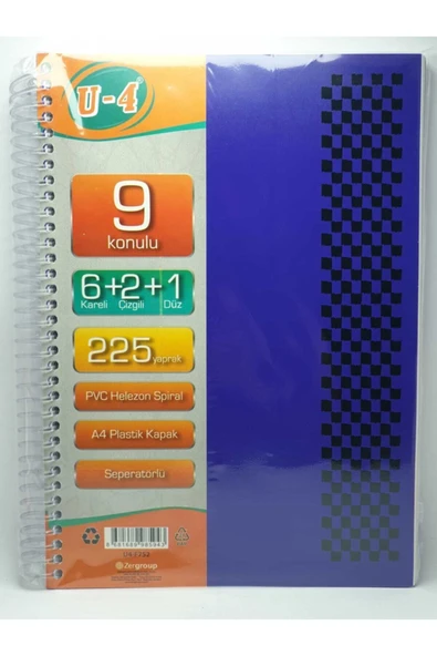 Zersan U4 6+2+1 Bölümlü 225 Yaprak A4 Sipralli Ayraçlı Defter 6 Kareli 2 Çizgili 1 Çizgisiz Çoklu Defter ürün görseli 1