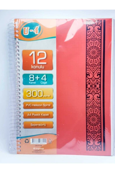 Zersan U4 8+4 Bölümlü 300 Yaprak A4 Sipralli Ayraçlı Defter 8 Kareli 4 Çizgili Çoklu Defter ürün görseli 1