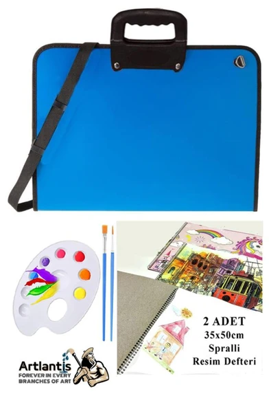Gülpaş Kırtasiye Resim Çantası 35x50 cm Resim Defteri Palet Fırça Seti 1 Paket Mavi Resim Proje Çantası Fermuarlı Kul ürün görseli 1