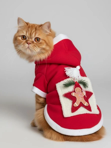 Yıldız Desenli Premium Yılbaşı Kedi Kıyafeti Yıldız Desenli Kırmızı Polar | Kapüşonlu Noel Kedi Kostümü | Kurabiye Temalı - Resim 8