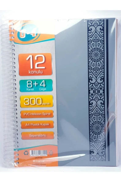Zersan U4 8+4 Bölümlü 300 Yaprak A4 Sipralli Ayraçlı Defter 8 Kareli 4 Çizgili Çoklu Defter ürün görseli 1