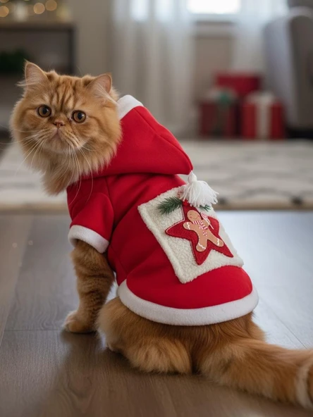 Yıldız Desenli Premium Yılbaşı Kedi Kıyafeti Yıldız Desenli Kırmızı Polar | Kapüşonlu Noel Kedi Kostümü | Kurabiye Temalı ürün görseli 1