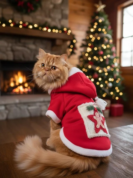 Yıldız Desenli Premium Yılbaşı Kedi Kıyafeti Yıldız Desenli Kırmızı Polar | Kapüşonlu Noel Kedi Kostümü | Kurabiye Temalı - Resim 6