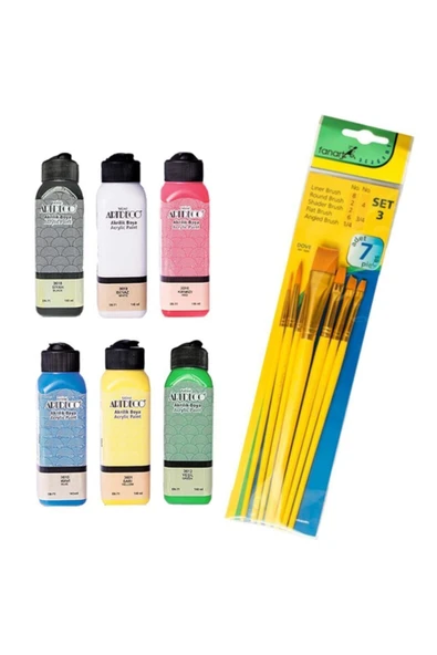 Artdeco lisans kırtasiye Aredeco Akrilik Boya 140 ml 6 Renk + Fanart Fırça Seti Dove 3 Sarı Sap 7 Li ürün görseli 1